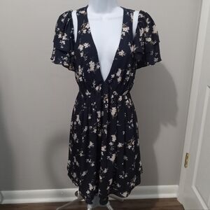 Olivaceous Navy Blue Floral Plunge V-Neck Dress Medium